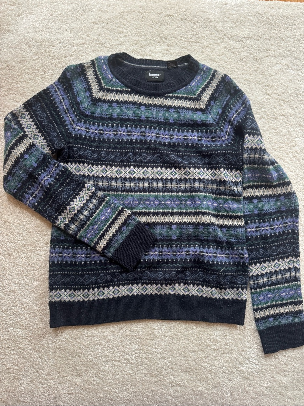 Haggar Men's Navy, Cream & Green Patterned Crewneck Sweater
